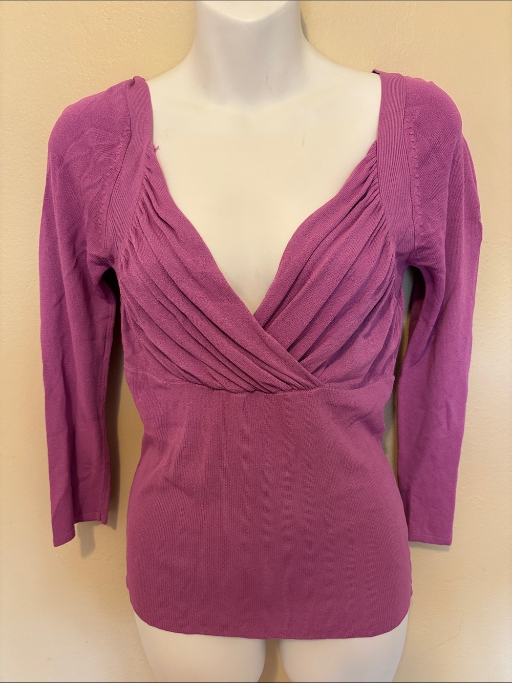 Draped V-Neck Pleated Long Sleeve Top - Plum Pink